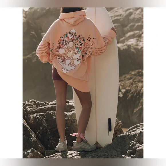 NWT Free People FP Movement At My Best Embroidered Hoodie Pastel peach combo - L - Picture 2 of 8